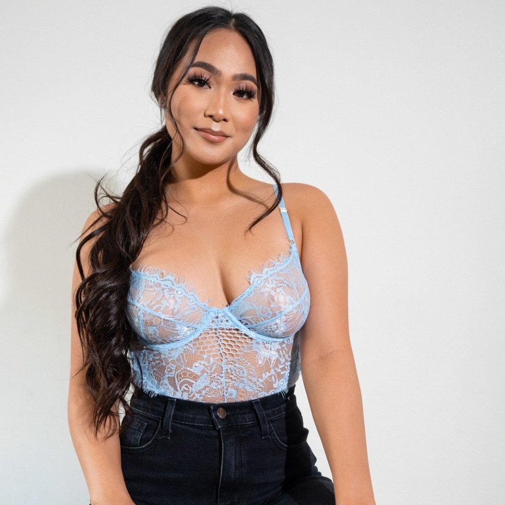 Blue Mesh Cami Lace Bodysuit - Plunging V-neck and Adjustable Straps